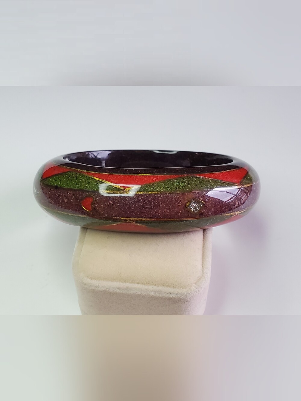 Vtg. Wooden Inlay Mosaic Stone Inlay Chunky Bangle